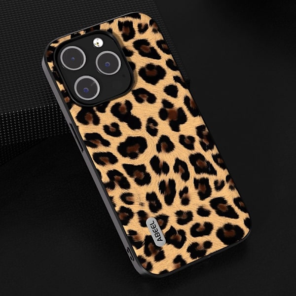 ABEEL Mobilskal till iPhone 14 Pro Max Leopard Textur PU Läder Champagne Guld