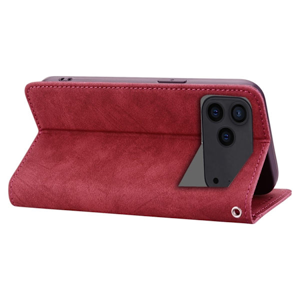 iPhone 17 Pro Konstläder Plånboksfodral med Rem Lines Pattern - Röd Röd