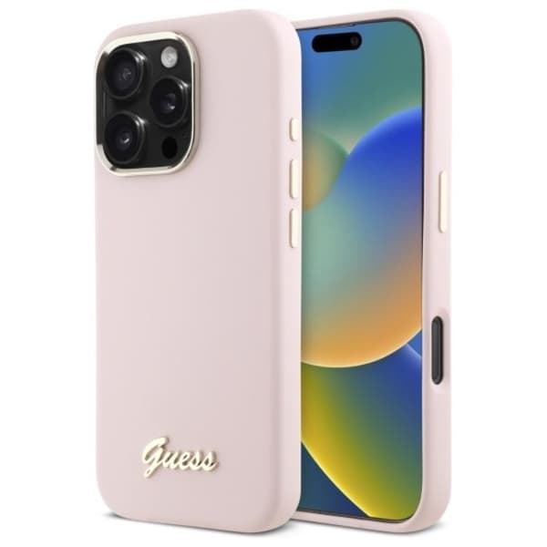 Guess Telefontaske til iPhone 16 Pro Silicone Script Metal Logo - Lyserød Rosa