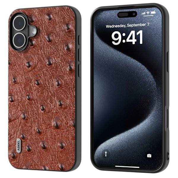 ABEEL Mobilskal till iPhone 16 Plus Ostrich Textur Äkta Läder Brun