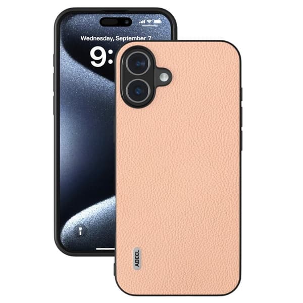 ABEEL Mobilskal till iPhone 16 Äkta Läder + PC + TPU Telefon- Rosa