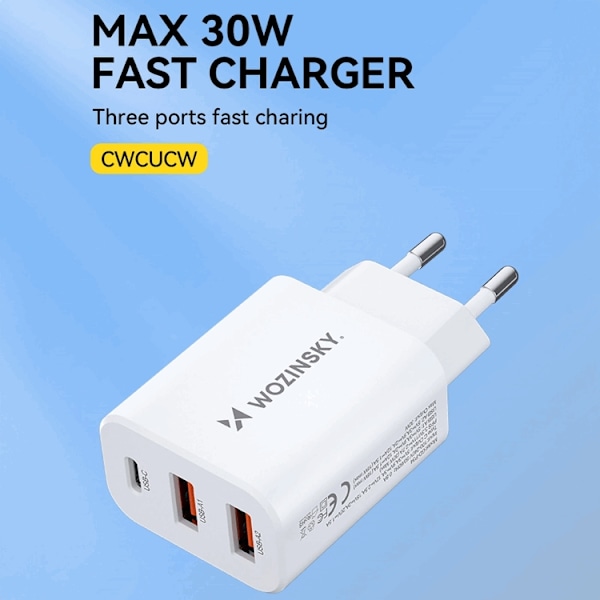 Wozinsky Väggladdare 30W USB-C/2 x USB-A - Vit