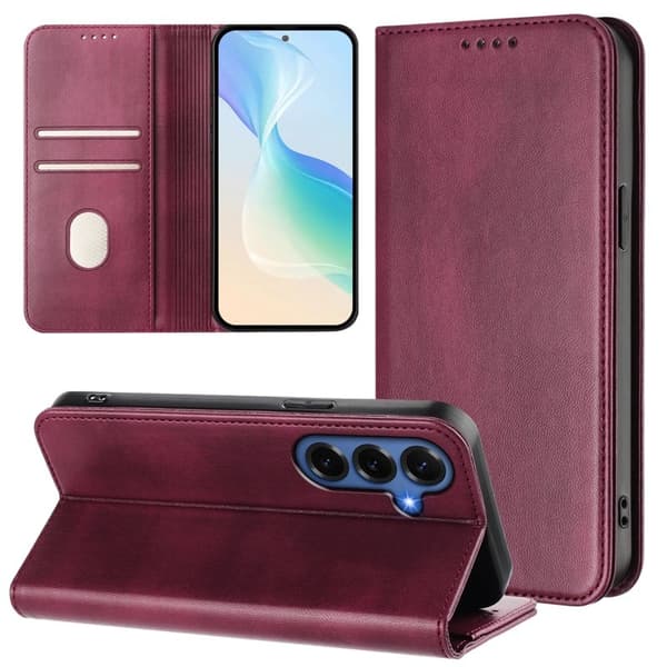 Samsung Galaxy S26+ Plånboksfodral Konstläder RFID Skydd - Vinröd