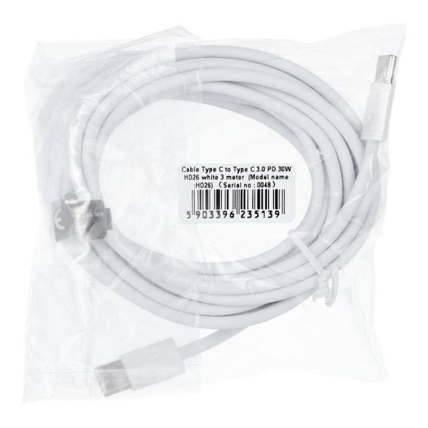 USB-C till USB-C kabel 3m 30W HD26- Vit Vit