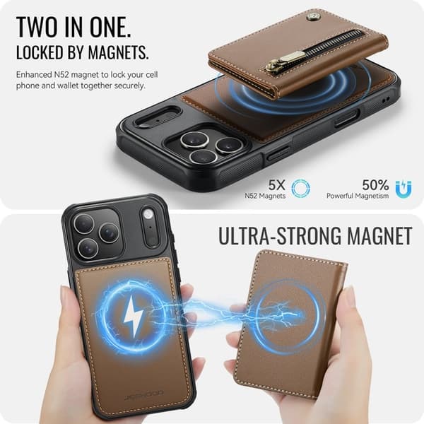 JEEHOOD J12 Plånboksfodral iPhone 17 Pro Magnetisk Konstläder Brun