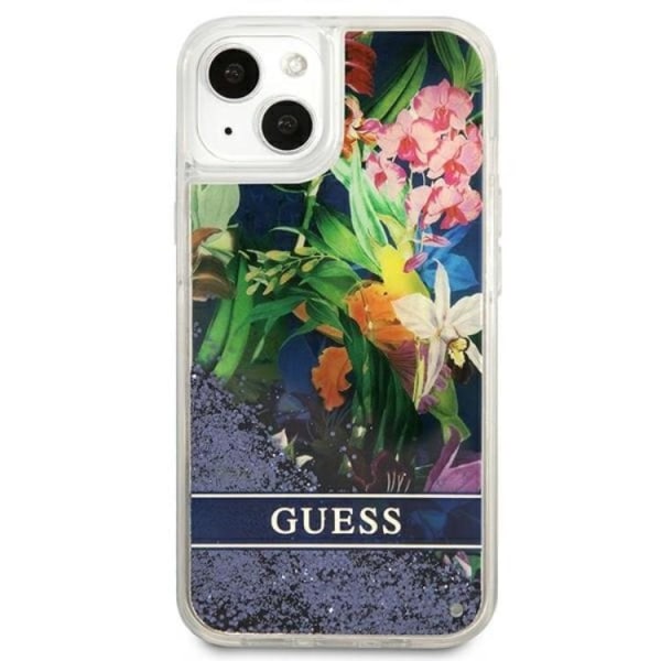 Guess iPhone 13 mini Cover Flower Liquid Glitter - sininen