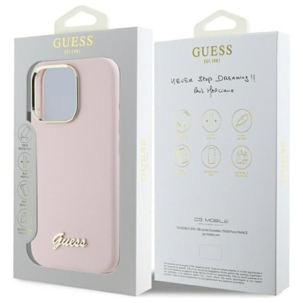 Guess Mobilskal till iPhone 16 Pro Silikon Script Metal Logo - Rosa Rosa