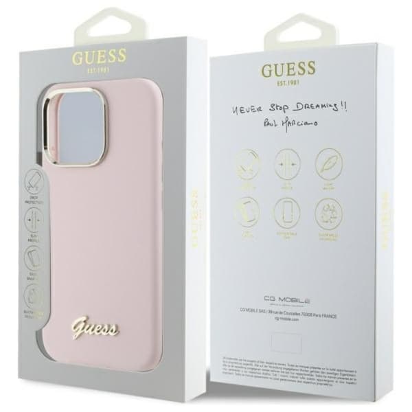 Guess Telefontaske til iPhone 16 Pro Silicone Script Metal Logo - Lyserød Rosa