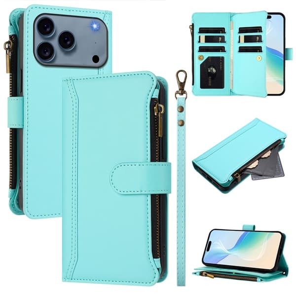 iPhone 17 Pro Plånboksfodral Zipper Med Rem - Mintgrön Grön