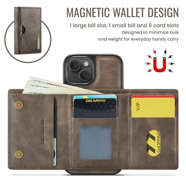 DG.MING M6 Series Mobilskal till iPhone 15 Magnetiskt Plånboksfodral - Brun