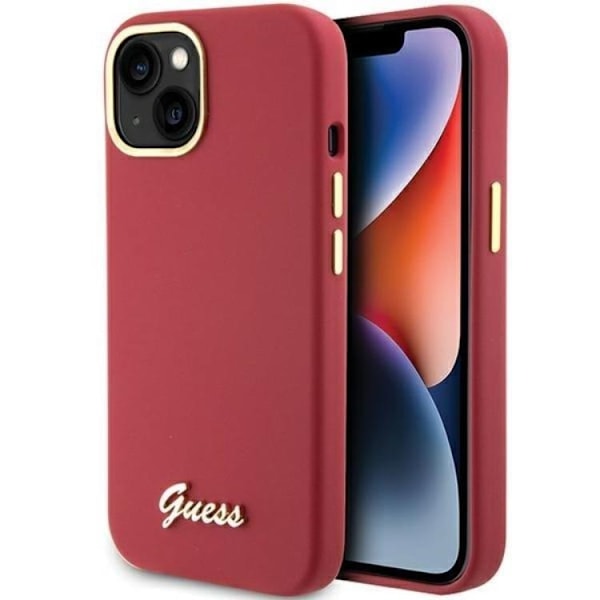 Guess iPhone 15 Mobilskal Silikon Script Metal Logo Frame Röd