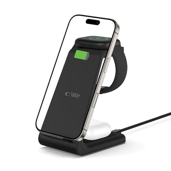 Tech-Protect 3-i-1 trådløs oplader til iPhone Apple Watch AirPods - Sort Svart