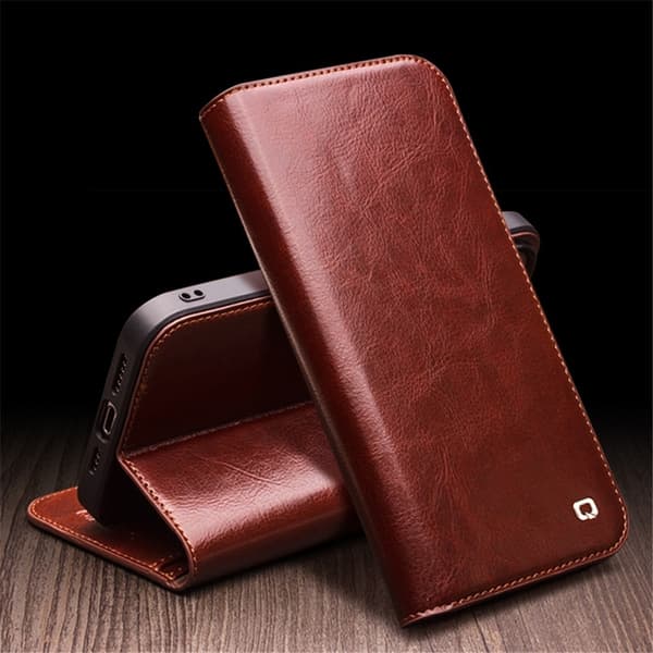 QIALINO iPhone 15 Pro Plånboksfodral Äkta Läder Shockproof Brun
