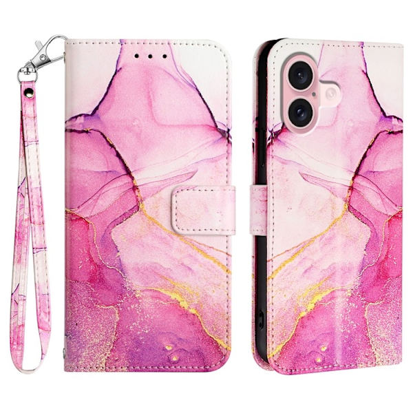 iPhone 16 Plus Plånboksfodral Marble Pattern med Rem LS001 Rosa