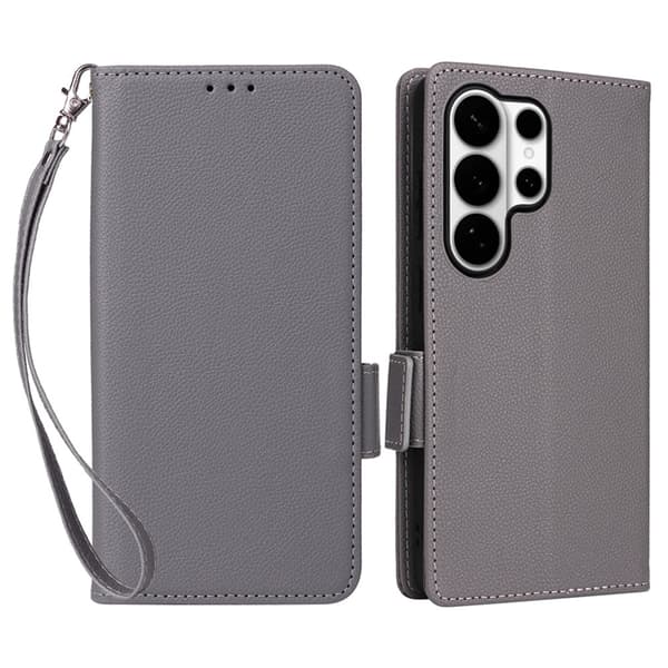 Galaxy S26 Ultra Plånboksfodral Litchi Konstläder med Rem - Grå Grå