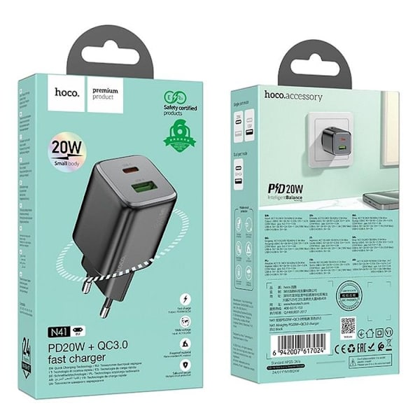 Hoco Väggladdare 1xUSB-C 1xUSB-A 20W N41 - Svart Svart