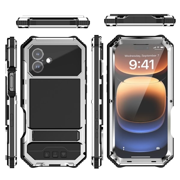 R-JUST Mobilskal till iPhone 16 Plus PC+Silicone+Metal Ställ Silver