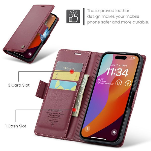 CASEME iPhone 16 Pro Max Plånboksfodral Konstläder RFID-Skydd Röd