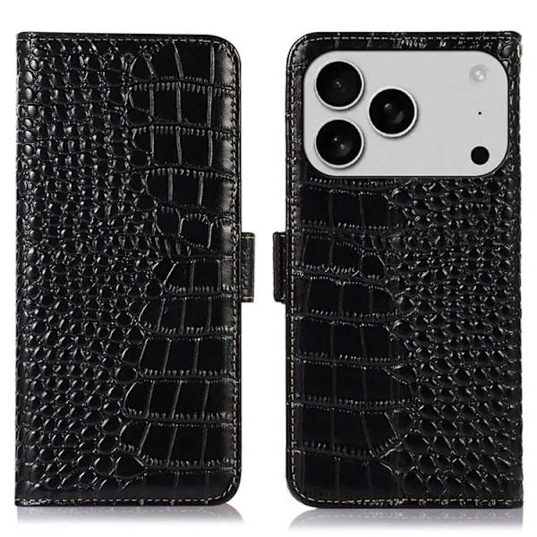 iPhone 17 Pro Max Plånboksfodral Äkta läder Crocodile Svart