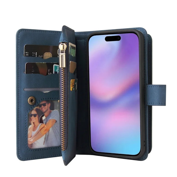 iPhone 17 Konstläder Plånboksfodral Zipper Rem Blå
