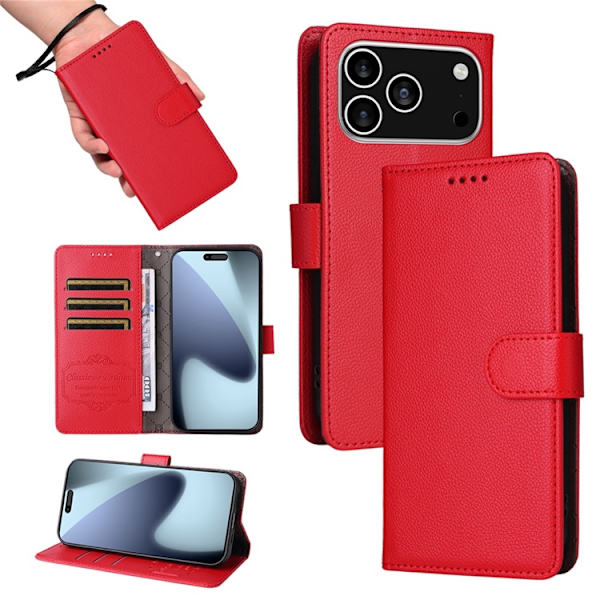 iPhone 17 Pro Plånboksfodral RFID Blocking med Handledsrem Röd