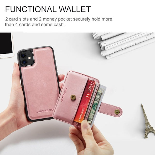JEEHOOD Mobilskal till iPhone 11 Shockproof Wallet RFID-Skydd Rosa