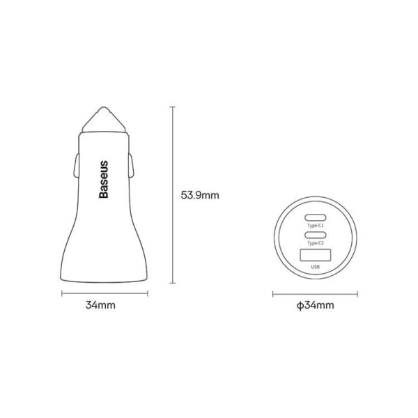 Baseus Golden Contactor Pro USB-A Billaddare + 2x USB-C 65W - Svart