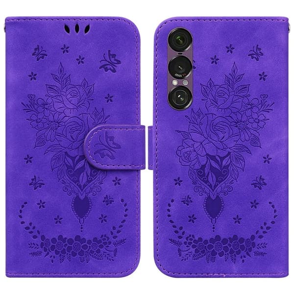 Sony Xperia 1 VII Konstläder Plånboksfodral Butterfly och Flower Pattern - Lila Lila