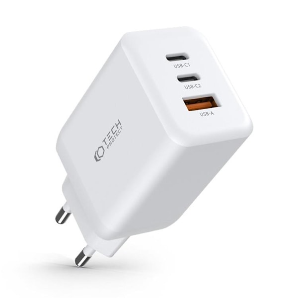Tech-Protect 3-Port Väggladdare 65W - Vit Vit