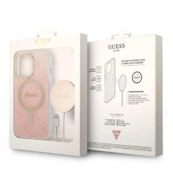 Guess iPhone 13 Pro Magsafe Skal 4G Print + Trådløs Oplader - Rosa Rosa