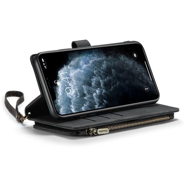 CASEME Konstläder Plånboksfodral för iPhone 11 Pro Max med rem - Svart