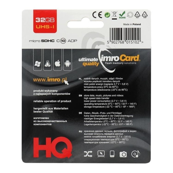 Imro Hukommelseskort MicroSD 32GB Med Adapter Klasse 10 UHS
