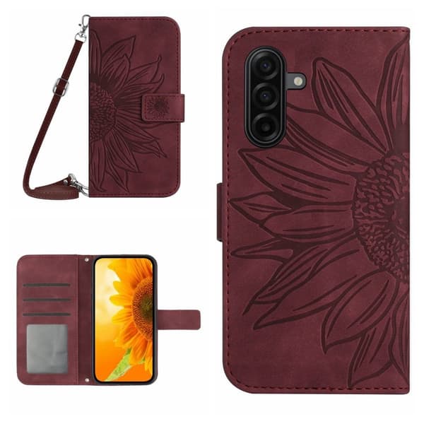 Samsung Galaxy S26 Plånboksfodral Solros Präglat Konstläder Ställ - Vinröd