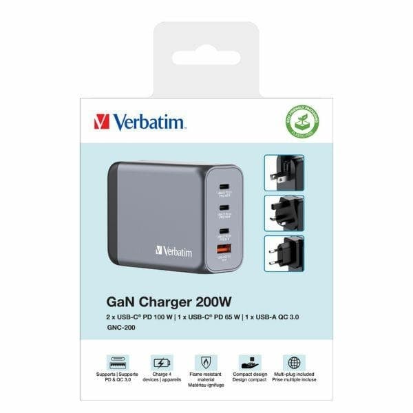 Verbatim Hurtigoplader 200W GaN 3xUSB-C 1xUSB-A EU/UK/USA - Sort Svart