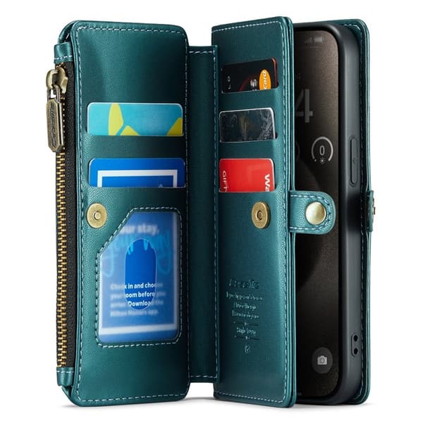CASEME iPhone 15 Pro Plånboksfodral Konstläder med kortfack - Grön