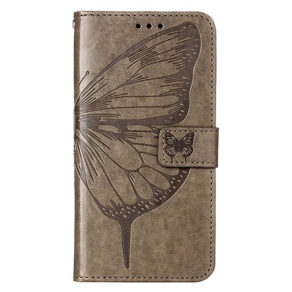 iPhone 14 Plus -lompakkokotelo Butterfly Flower -painettu - harmaa