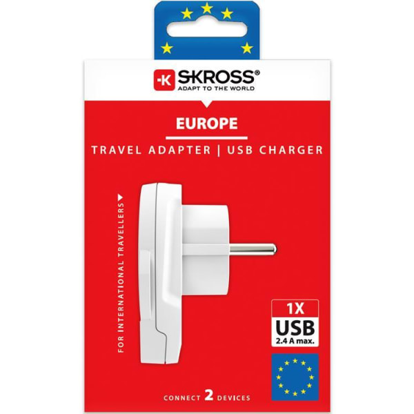 SKross El-adapter Europa med USB - Hvid