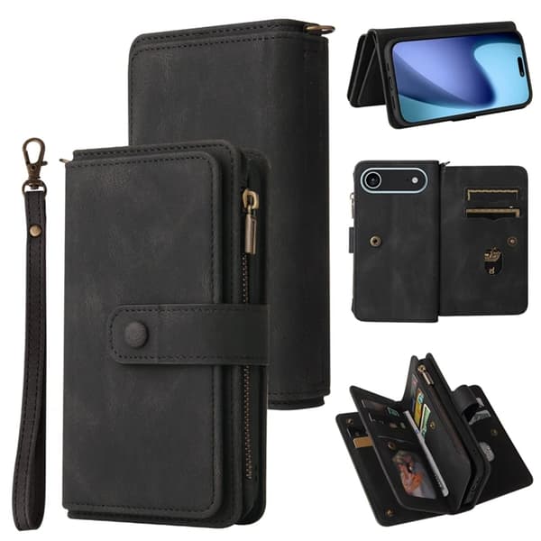 iPhone 17 Air Konstläder Plånboksfodral Zipper Rem Svart