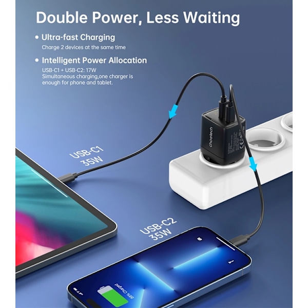 Choetech USB-C USB-C Väggladdare PD 35W GaN - Svart Svart