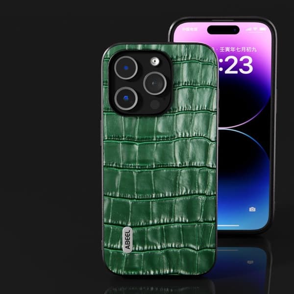 ABEEL Mobilskal till iPhone 15 Pro Crocodile Textur Grön Äkta Läder Leather