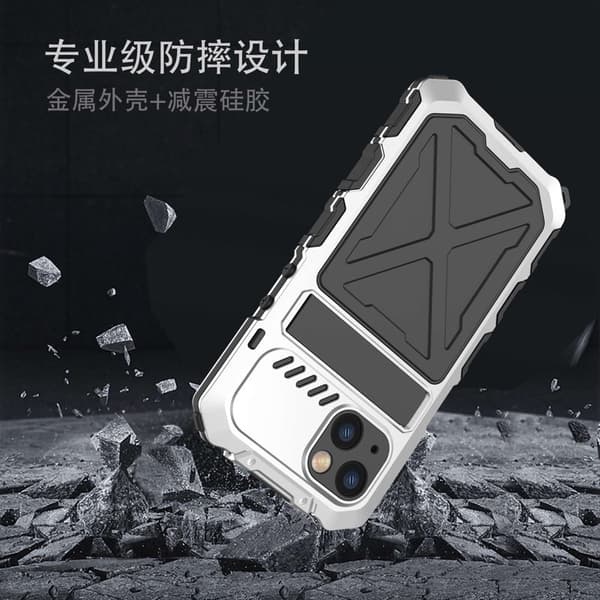 R-JUST Mobilskal till iPhone 14 Kickstand i Silikon + Metall Silver