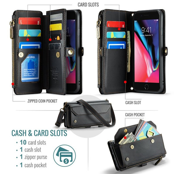 CASEME Plånboksfodral Konstläder för iPhone 6 Plus/7 Plus/8 Plus - Svart