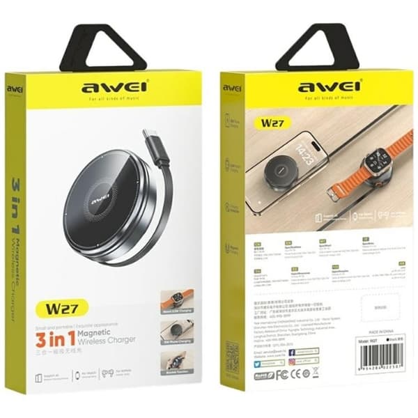 Awei Qi Trådløs Oplader 15W med USB-C Kabel W27 - Sort Svart