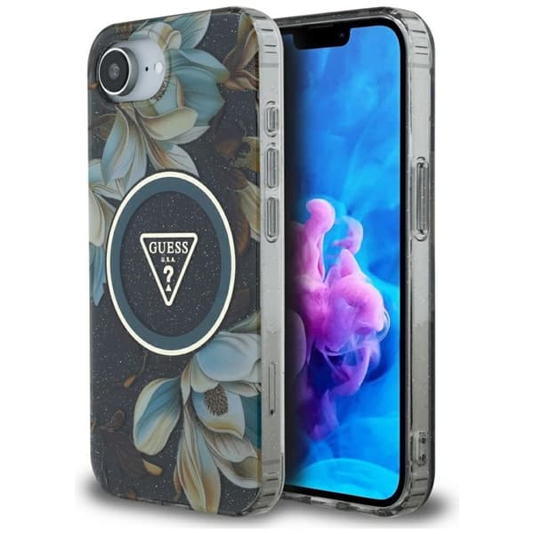 Guess Telefontaske til iPhone 16e Magsafe Glitter Flower - Sort