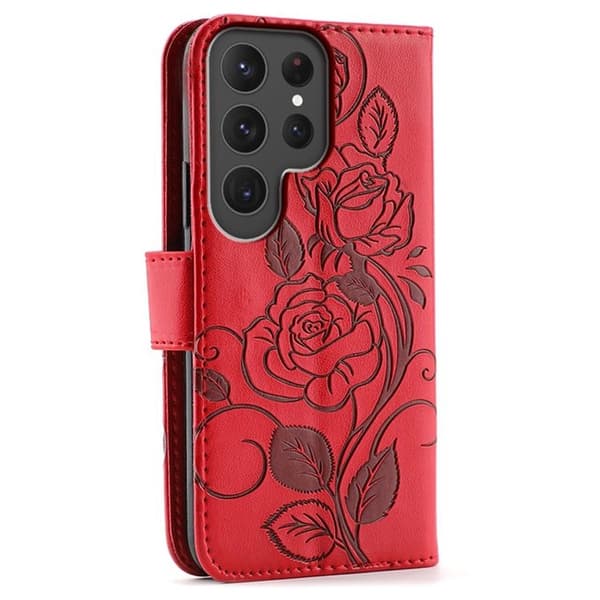Galaxy S25 Ultra Konstläder Plånboksfodral Imprinted Rosa Butterfly Röd