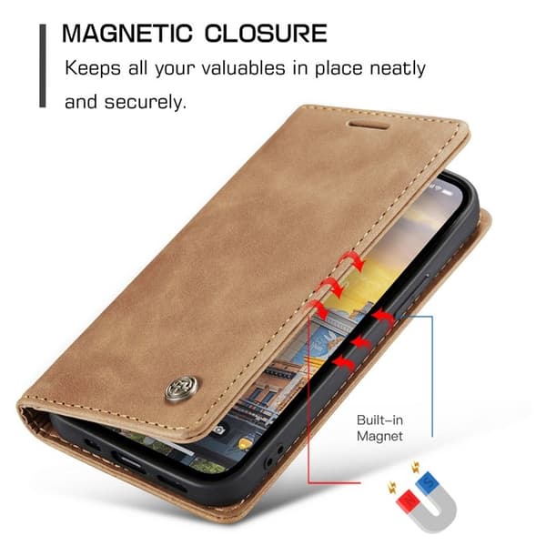 CASEME 013 iPhone 15 Pro Konstläderplånboksfodral Ställ - Brun