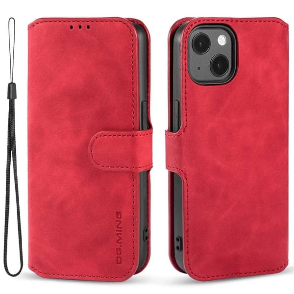 DG.MING iPhone 14 Konstläder Plånboksfodral Retro Stil Magnetisk Röd