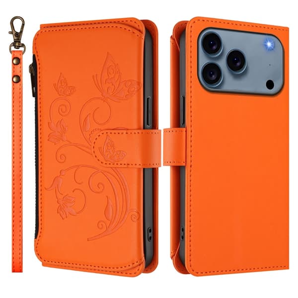 iPhone 17 Pro Max Plånboksfodral Butterfly Floral Imprint - Orange Orange