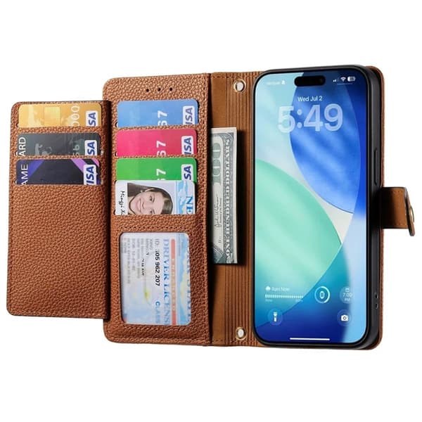 iPhone 17 Pro Max Konstläder Plånboksfodral RFID-Skydd Zipper med rem - Brun Brun
