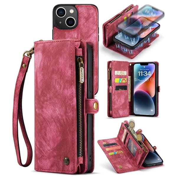 CASEME 008 iPhone 14 Plus Plånboksfodral Konstläder Röd med Rem